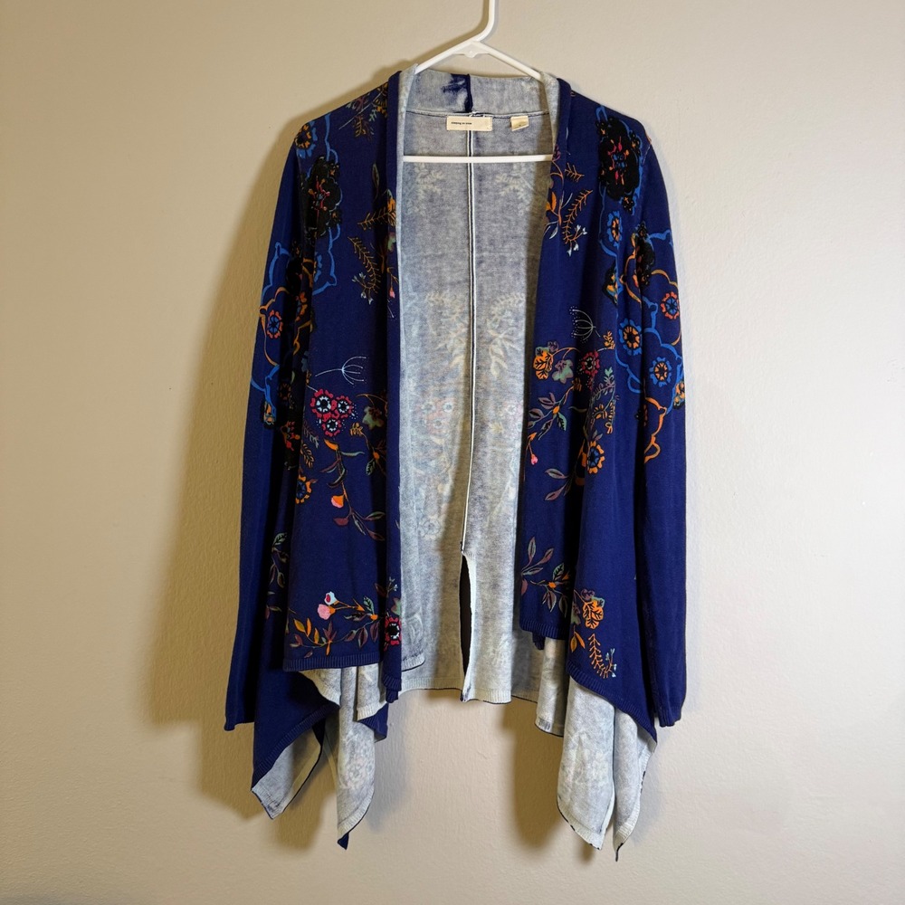 Anthropologie Sleeping on Snow Blue Floral Handkerchief Hem Cardigan Sweater M